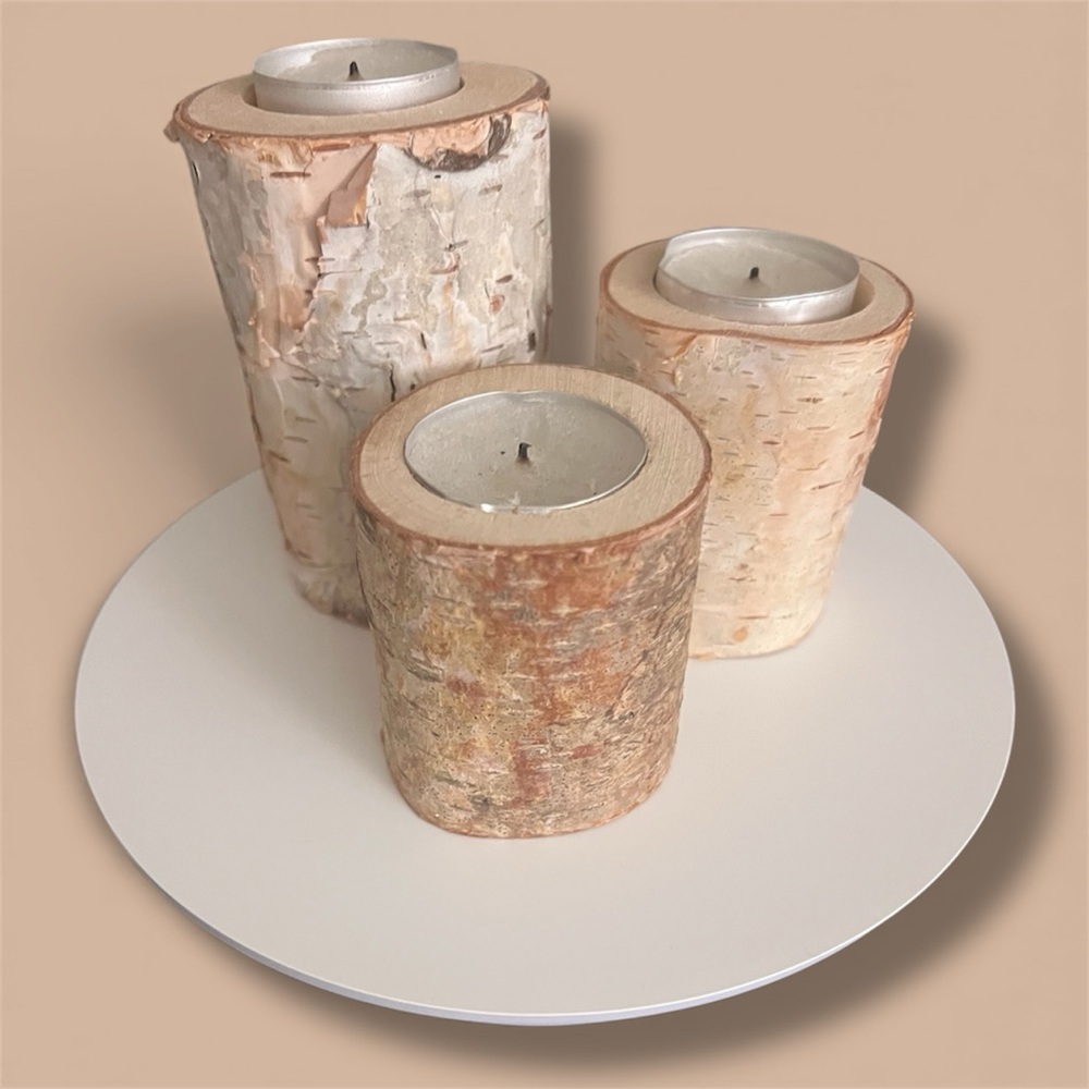 Mini Rustic Birch Bark Small Wood Tealite Holders Set of 3